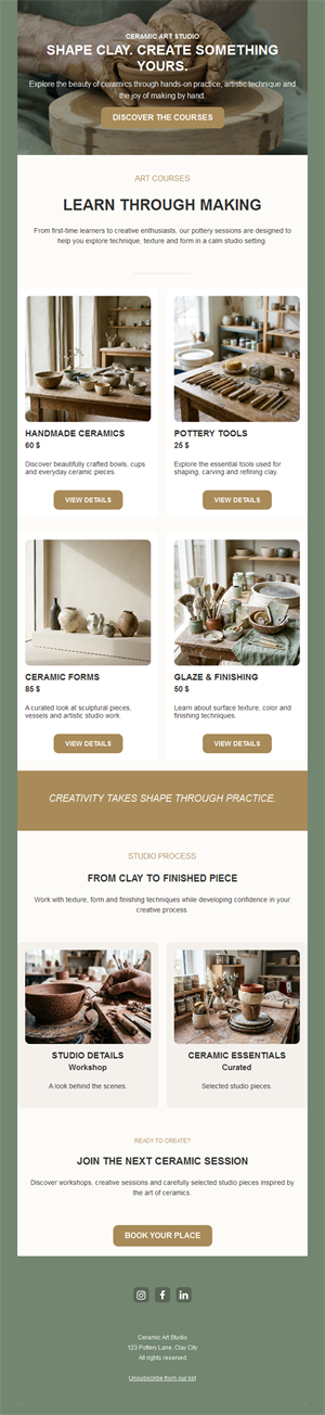 Pottery studio email with products and courses