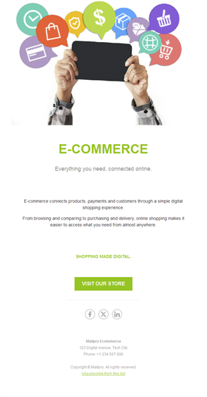 Online store launch email with icons