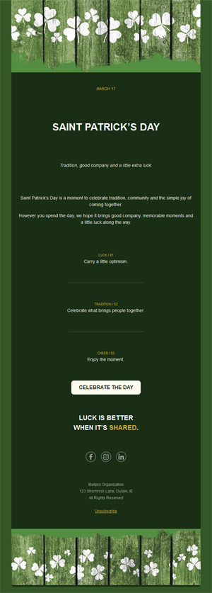Dark green St. Patrick's Day email