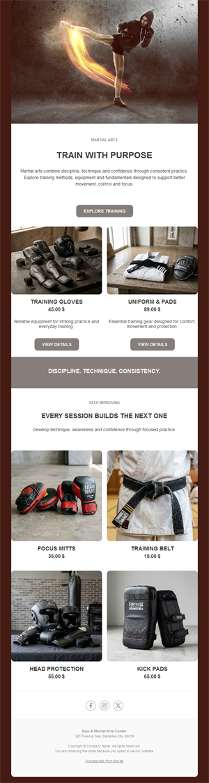 Martial arts gear shop newsletter